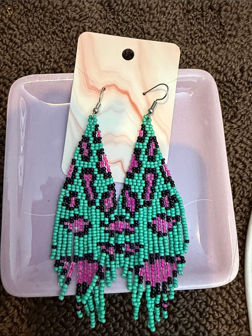 Hand Crafted Turquoise, Pink and Black Beaded Fringe Earrings